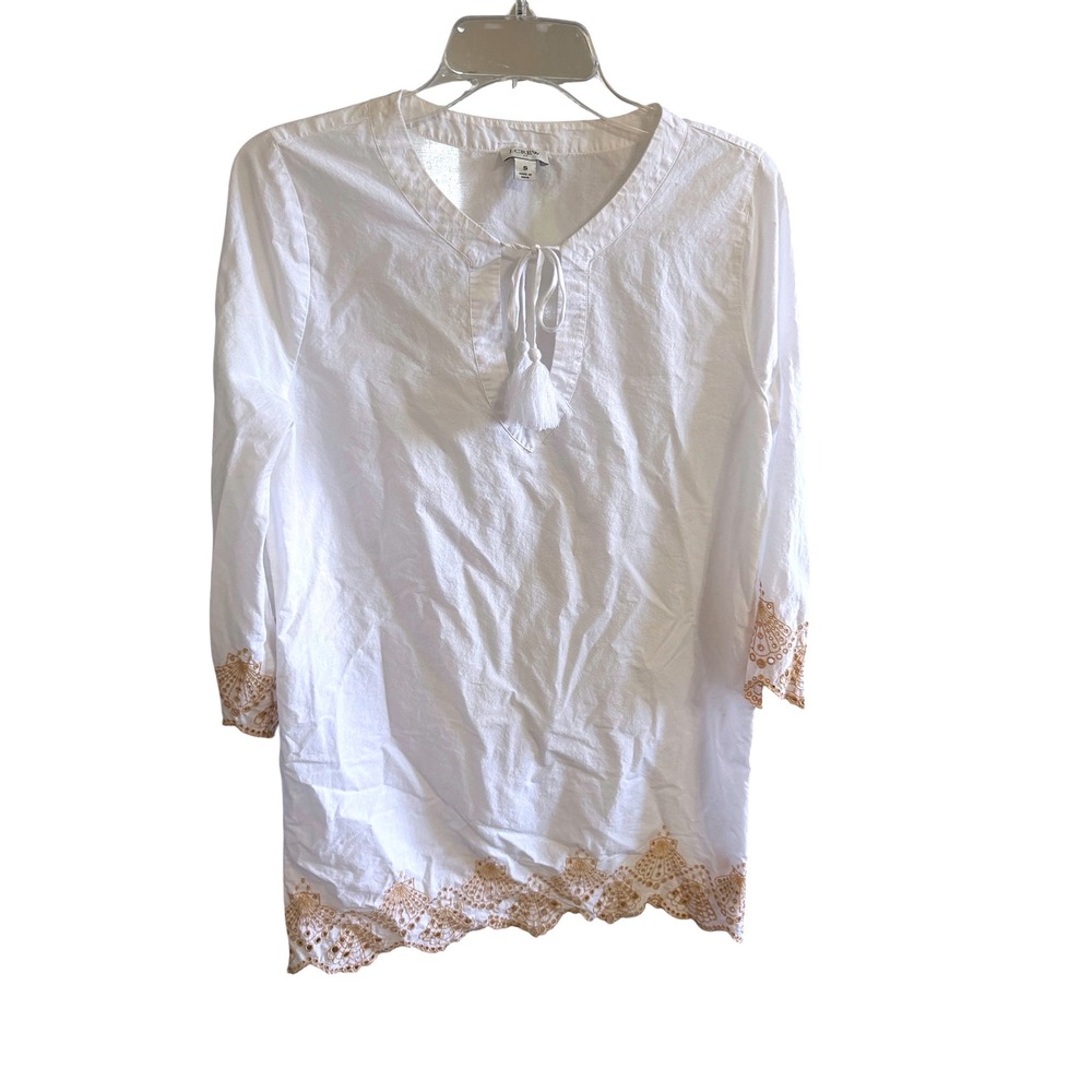 J. Crew White Cotton Tassel Tunic Top Cover Up Eyelet Embroidered Hem Womens S